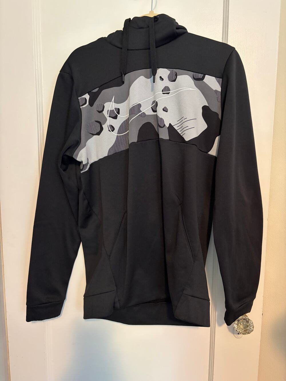 Nike Dri-FIT Men's MED Black Gray Camo Swoosh Scuba Neck Pullover Hoodie CU6048
